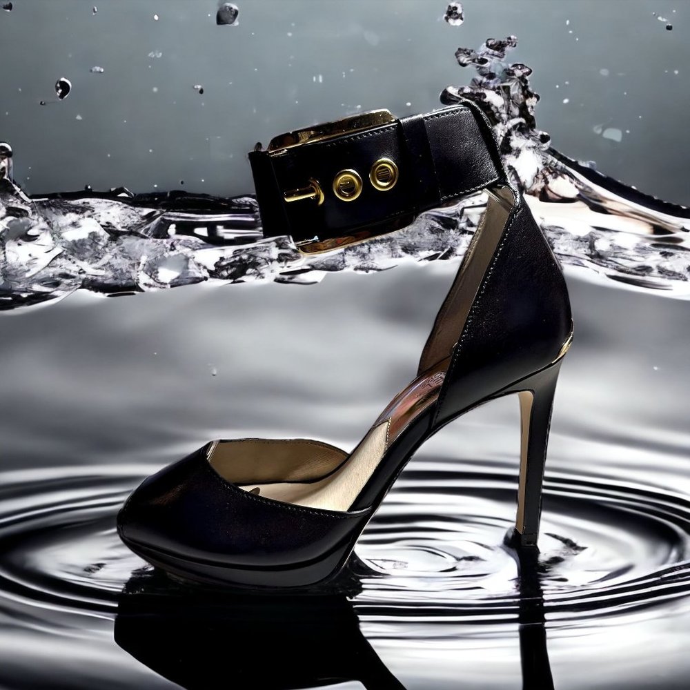 MICHAEL Michael Kors Black Calder Leather Ankle Strap Open Toe Stiletto Heels 8m